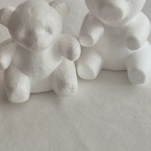 Könnte beinhalten: Zwei weiße Teddybär-Figuren. Die Bären sitzen aufrecht mit ausgestreckten Armen und Beinen. Sie bestehen aus einem strukturierten, porösen Material. Der Hintergrund ist eine weiße, strukturierte Oberfläche.