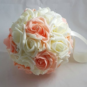 3&quot; - 6&quot; Peach & Ivory or White Wedding Pomanders, Wedding Flower Balls, Flower Girl Kissing Ball,  Bouquet Alternative