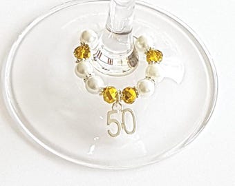 Colgante para copa de vino del 50 cumpleaños, aro plateado, recuerdo de aniversario