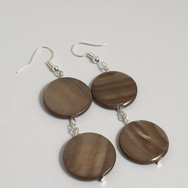 Mother of Pearl Dangle Dangle Earrings, Light Brown Earrings, Double or Single Bead Styles