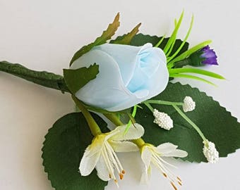 Baby Blue Silk rose wedding buttonhole, Wedding Flowers, Wedding Corsage, Buttonholes, Blue Buttonholes