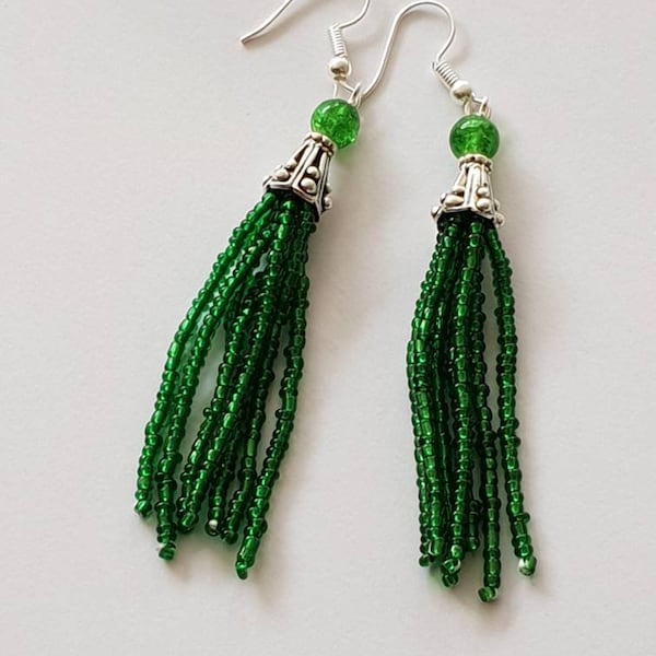 Emerald Green Beaded Tassle Earings, Party Wear Earrings