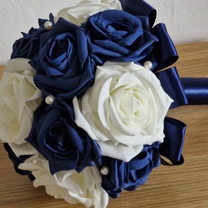 Ivory and Navy Handheld Bouquet with Pearls
