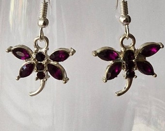 Gemmed Dragonfly Dangle Earrings, Silver Plated Hooks