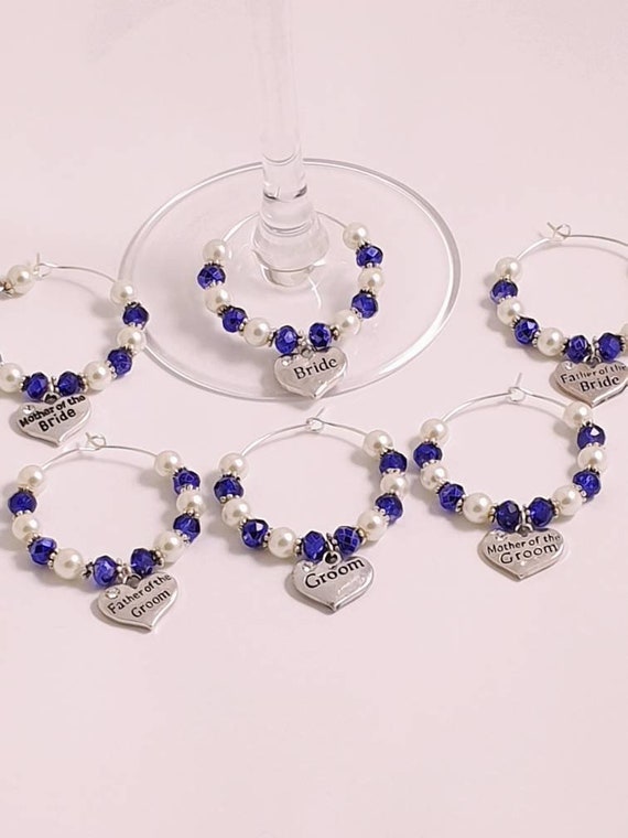 Beautiful Cobalt Blue wedding wine glass charms for top table or favours decor