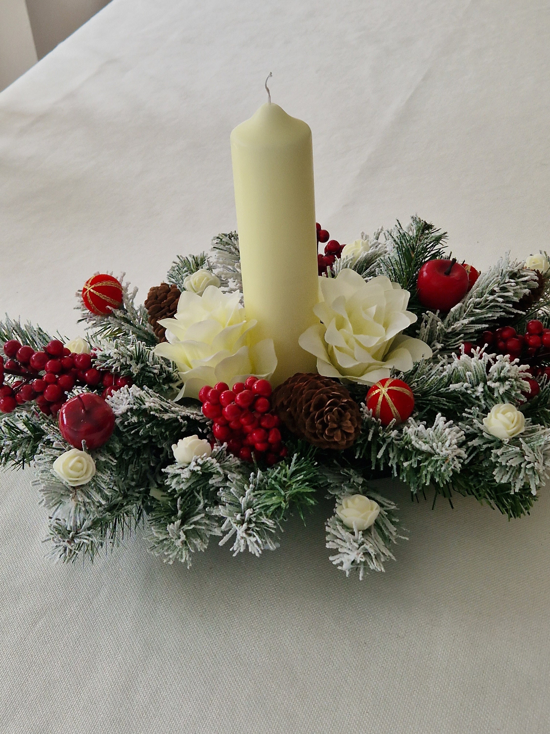 Christmas Pillar Candle, Holly Berries Candle, Hand Painted 