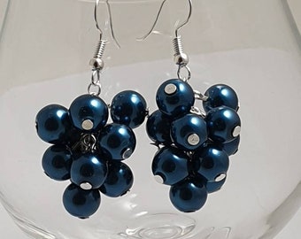 Midnight Blue Chunky Cluster Earrings, Gift ideas, Fashion Earrings, Cluster pearls