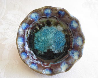 ART POTTERY~Studio~TRINKET~Dish~Stoneware~Cracked~Aqua~Glass~Gloss Glaze~Hand Made