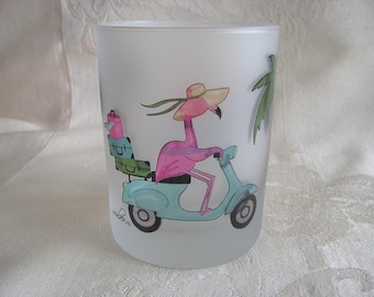 CULVER~Old Fashioned~Frosted / Satin~BAR~Glass~Enamel~FLAMINGO~0n~Motor Scooter~Signed~1960's