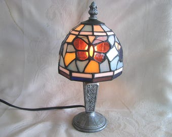 STAINED GLASS~Accent / Table~LAMP~Electric~ Butterflies ~Blue & Amber~11 inches Tall