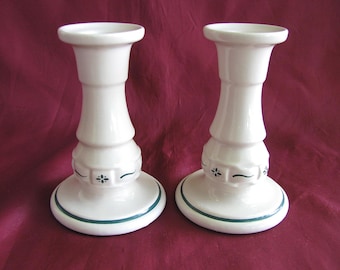 LONGABERGER~Woven Traditions~CANDLESTICK HOLDERS~Ceramic~White w/ Green Trim~UnUSED