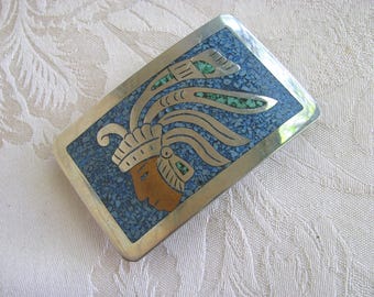 TURQUOISE~Inlay~BELT~BUCKLE~Nickle Silver~Myan / Aztec~Copper~Face~VinTage~1960's~Mexico