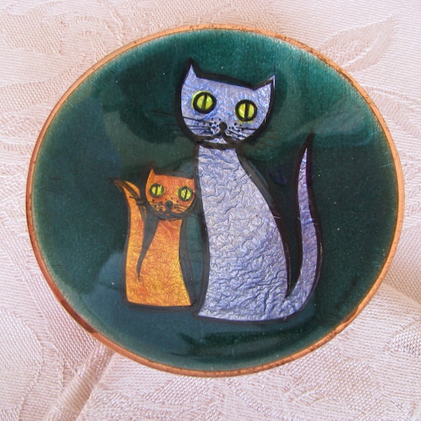 Copper~ENAMEL~Guilloche~2~CATS~Trinket~DISH / Bowl