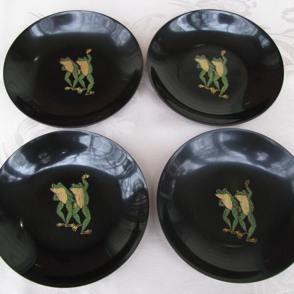 COUROC~BOWLS~Dancing~FROGS~VinTage~Mid Century~1960's~Black Phenolic~Inlaid~Lot of 4~Monterey, California~Very Good Condition