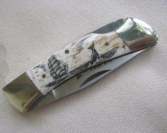 POCKET KNIFE~National Blade~SCRIMSHAW~Blue Whale~Sailing Ship~VinTage~1970's~LockBack~Japan~UnUSED