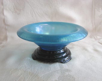 FENTON~Northwood~STRETCH~Art~Glass~BOWL~Iridescent~Celeste~Blue~Black Glass Amethyst Stand
