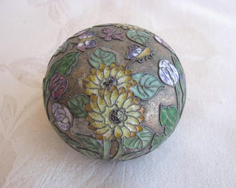 CLOISONNE~Enamel~SILVER Wire~PAPERWEIGHT~Flowers & Butterflies~Very Detailed~Antique 1920's