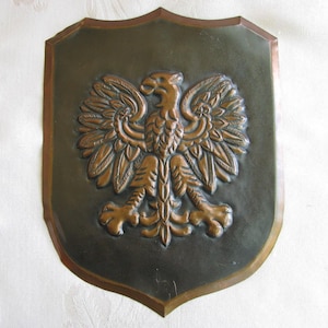 May include: A bronze-colored shield with a detailed relief of an eagle. The eagle is centered on a dark green background, with a bronze border. The shield has a decorative top edge.