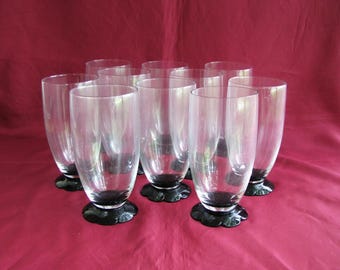 ART DECO~TUMBLERS~Black Amethyst~Petal Foot~Water~Bar Glasses~High Ball~ * Set of 10 * ~Weston / Fry~Crystal~Vintage~1930's