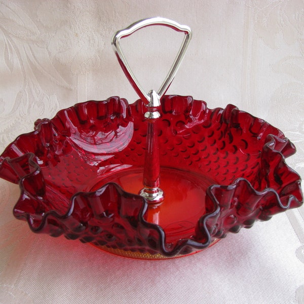 FENTON~Art~Glass~Hobnail~RUBY~RED~Candy / Nut / Dish~Bowl~Silver Metal Handle~Crimped / Ruffle~VinTage 1972~ExCellent Condition~UnUSED ?~