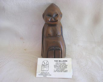 BILLIKEN~Folk Art~Figurine~ALASKA~Handicraft~CARVED~Souvenir~Sticker & Card~Misspelled Billikin