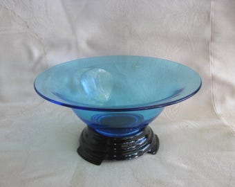FENTON~Art Glass~CONSOLE~Celeste Blue~BOWL~Black Glass Amethyst Stand~10.5"~Very Nice