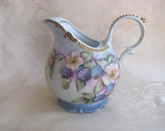 Hand Painted~Signed~Porcelain~PITCHER~Black Berries & Wild Rose~Gold Trim~Ice Lip~1940's ?