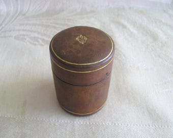 MATCH~SAFE~Holder~Box~LEATHER~Italian~Striker on bottom~Gold Trim~Fleur-de-lis