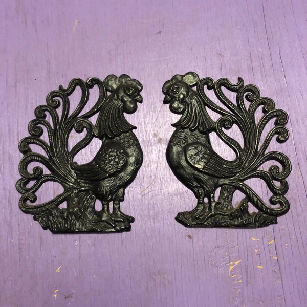 Pair Vintage Cast Iron Rooster Chicken Wall Plaques, Retro or Modern Kitchen, FREE SHIPPING