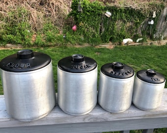 Vintage Mid Century Kromex Spun Aluminum 4 Canister Set Flour Sugar Coffee Tea + Free gift