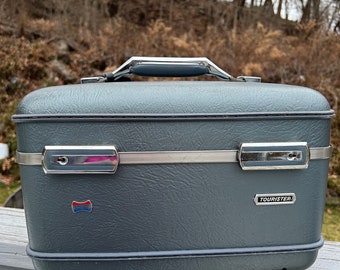 Vintage American Tourister Luggage, Travel Train Case BLUE Hard side cosmetic case