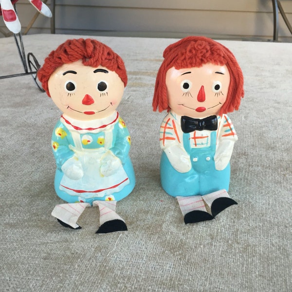 Vintage Raggedy Ann and Andy Coin Banks, Shelf Sitters with Yarn Hair, Japan Valentines Day Gift