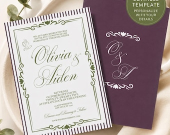 Puede incluir: Plantilla de invitación de boda clásica con diseño elegante. Presenta una invitación blanca con detalles verdes y los nombres "Olivia & Aiden". También se muestra una invitación de color púrpura oscuro. El texto incluye "Descarga instantánea".
