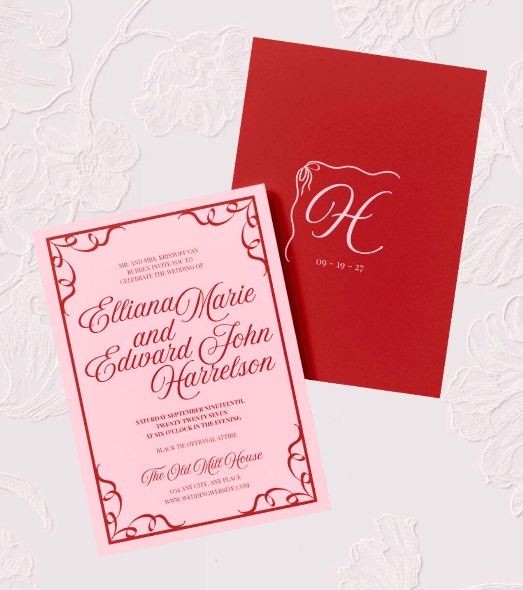 Regency Ribbon Wedding Invitation Canva Template | Bold Pink Monogram ...