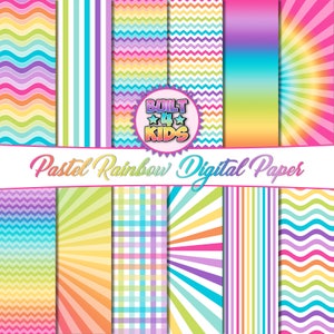 Puede incluir: Un conjunto de 12 papeles digitales con colores arcoíris pastel y varios patrones, incluyendo rayas, ondas, zigzags y rayos de sol. Los papeles son perfectos para manualidades, scrapbooking y otros proyectos creativos. El texto "Built 4 Kids" es visible en el centro de la imagen.
