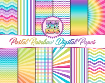 Pastel Rainbow Digital Paper Pack/ 12 Pack/ Chevron/ Starburst/ Waves/ Stripes/ Plaid/ Gradient/ Scrapbook/ Crafts/ Graphics