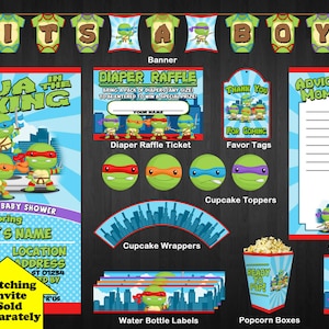 May include: A collection of baby shower party supplies featuring a Teenage Mutant Ninja Turtles theme. Includes invitations, banner, diaper raffle tickets, favor tags, cupcake toppers, wrappers, water bottle labels, popcorn boxes, advice cards, and food tents.