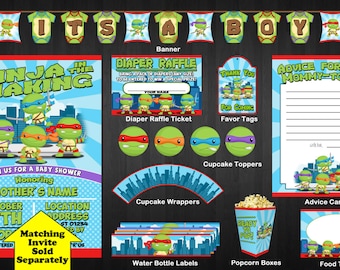 Ninja Turtle Baby Shower Party Package/ Digital/ Instant Download/ Baby Turtles/ Party Supplies/ Banner/ Toppers/ Popcorn Boxes/ Labels/ Tag