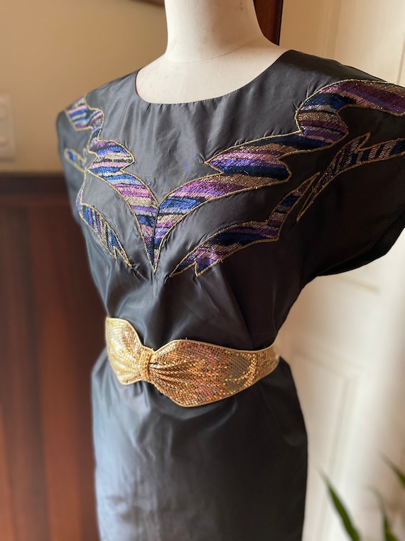 80s dress*black*shiny*applique* taffeta*rock chick*cocktail*small*
