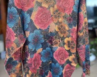 Pull en pure laine lurex imprimé Rose vintage des années 70 * lourd * extensible * légèrement côtelé * brillant * moyen *