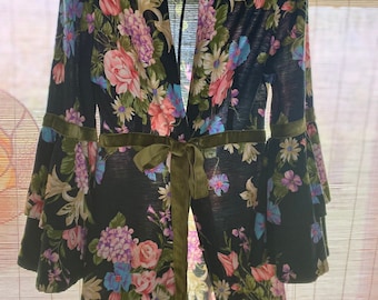 1950s dressing gown*teal*floral* *Hollywood glamour*vintage*Xsmall