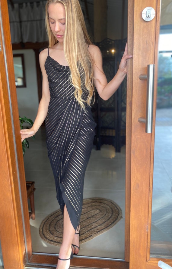 slim fit dress slacks 1980s Bellville Sassoon Black and Gold Stripe Sheath Dress / Caftan