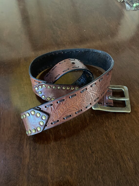 Vintage tooled leather belt*brass studs* brass buckle* small/medium