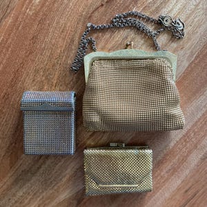 Mesh Set * 1980s * cigarette case * small shoulder bag * fold up purse or wallet with kiss lock closure and card holder *