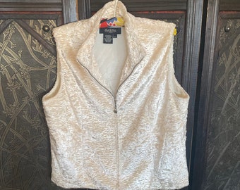 80s velvet white vest* plush/velour* zip up * medium * vintage *