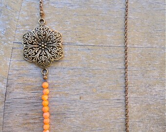 Flower beaded chain necklace metal chain salmon-coral beaded flower necklace
