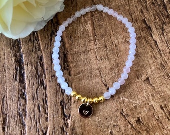 Gemstone and Gold Initial Beaded Bracelet - Gemstone Initial Bracelet - Rose Quartz Bracelet - Personalised Gold Bracelet