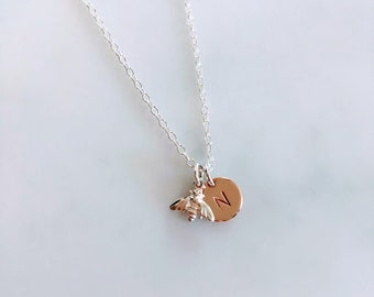 Rose Gold Initial and Bee Necklace - Rose Gold Initial Necklace- Sterling Silver Bee and Rose Gold Initial Necklace -Letter and Bee Necklace