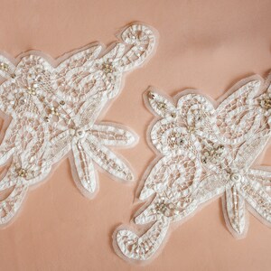 Pair ofHand Embroidered Crystal Embellished Shoulder Pieces featuring Vintage Tape Lace & Crystal Stones