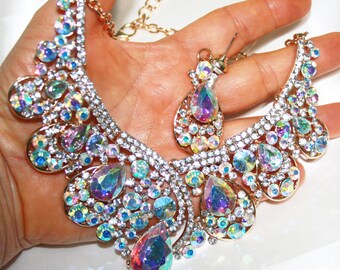 Drag Queen Rhinestone Necklace Earring Set AB Bridal Jewerly | Etsy